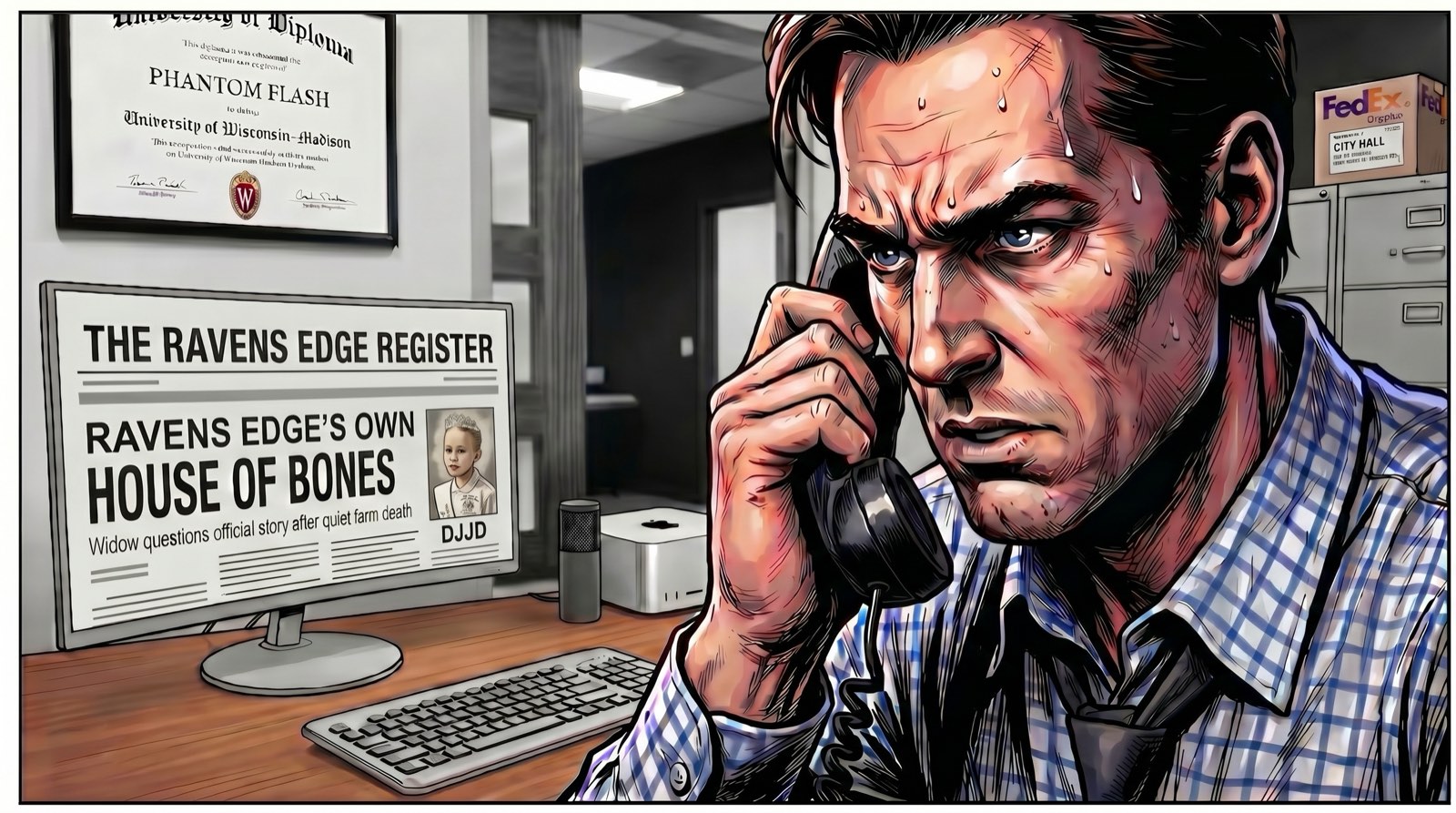 Phantom Flash working the phones at his desk, the Ravens Edge Register front page on the monitor