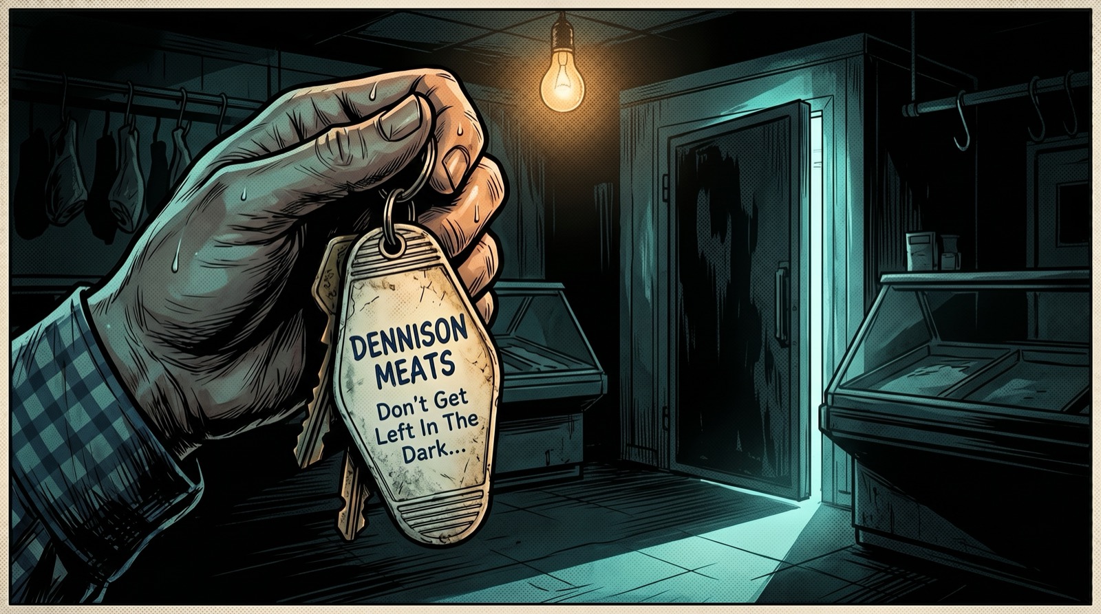 A hand holds a worn keychain in a dark room — the slogan catches the light