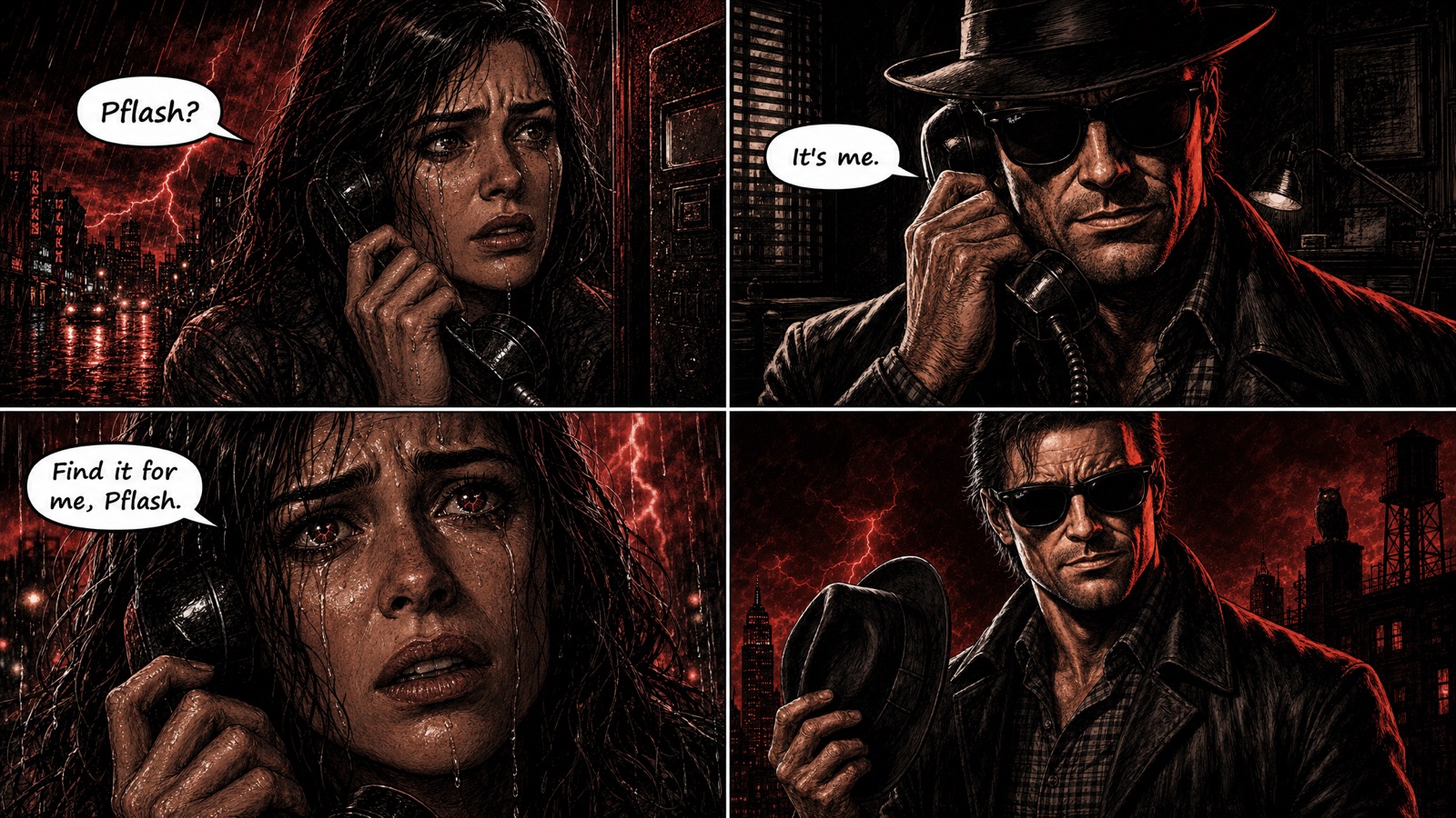 Four-panel noir comic. A woman crying in a rain-soaked phone booth: “Pflash?” Phantom Flash picks up at his desk: “It's me.” She pleads: “Find it for me, Pflash.” He lifts his hat, ready to work — an owl watching from a water tower behind him.