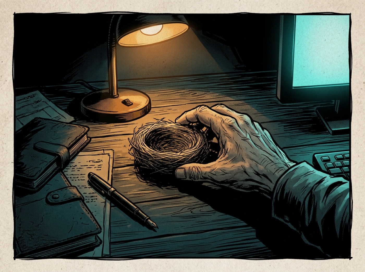 A weathered hand sets a small bird's nest on a dark desk under a single amber lamp.