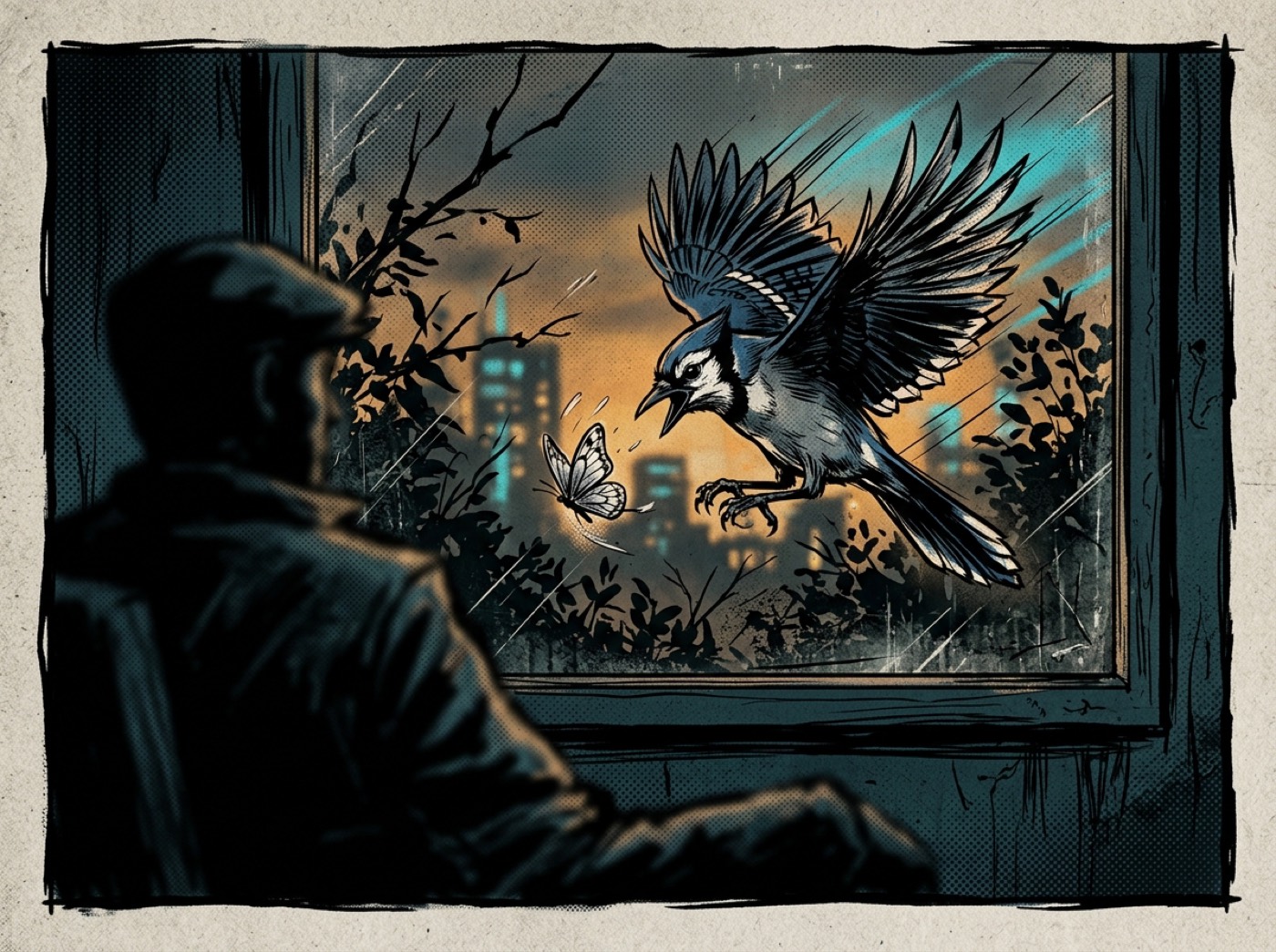 Through a dark window at dusk, a blue jay lunges at a fragile butterfly while a still figure watches from inside.