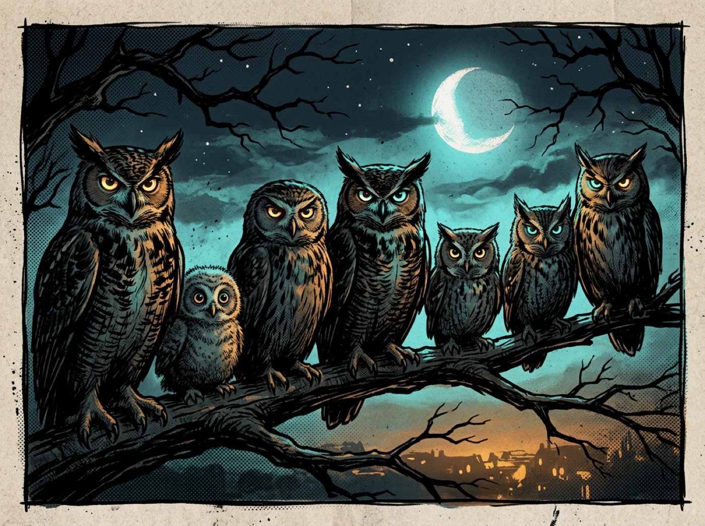A row of owls on a bare branch at dusk — a parliament — one baby owl among them, every eye turned toward the nest.