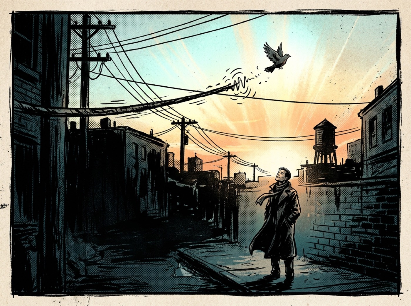 At dawn, a single bird lifts off a telephone wire that still vibrates; below, a figure in a long coat looks up, lighter, freed.
